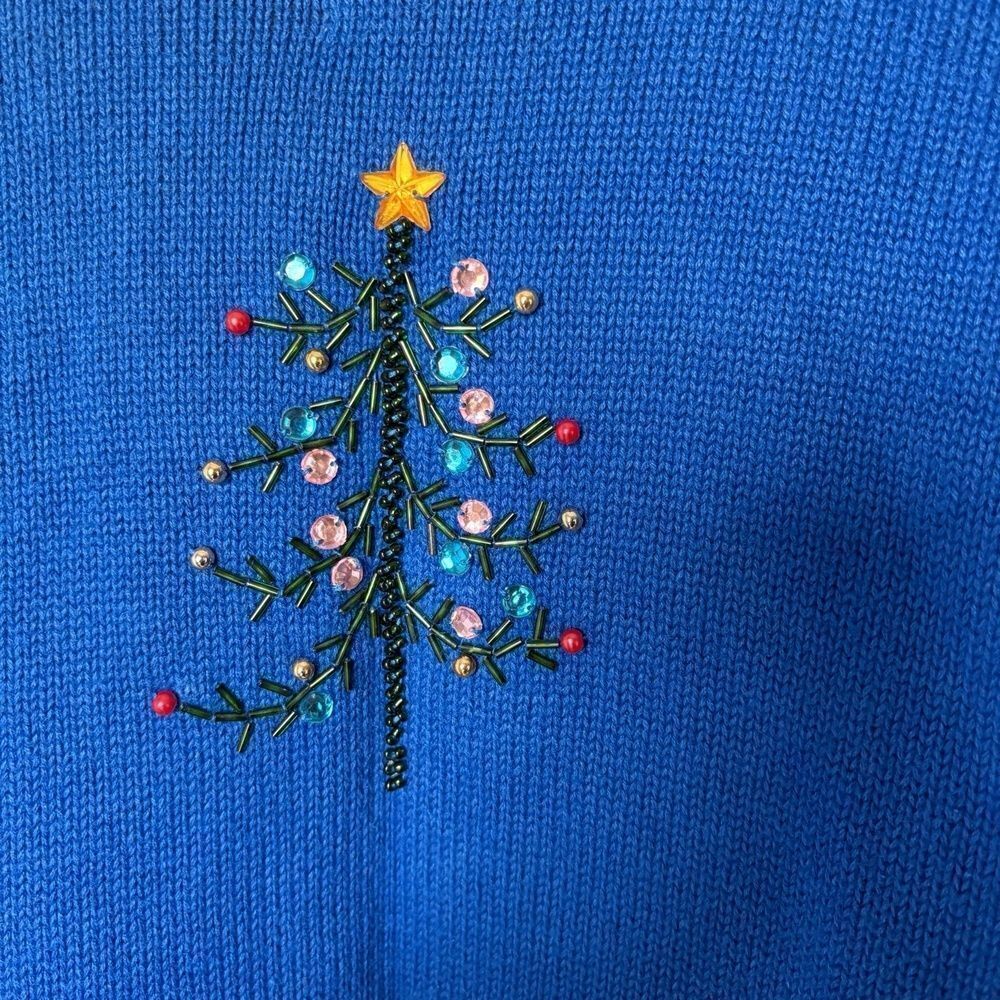 Berek Womens M Blue Ugly Christmas Cardigan Stacked Reindeer Pom Pom - Picture 5 of 6